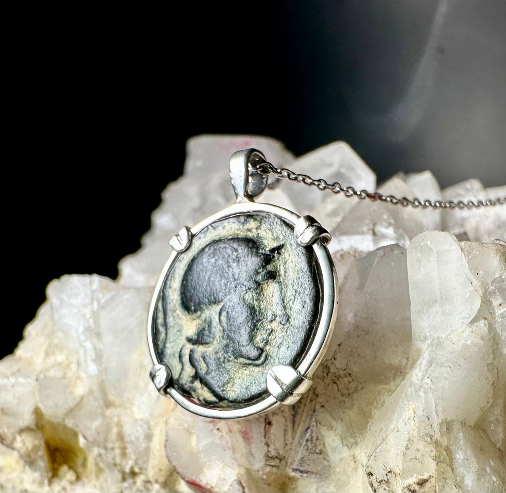 Ancient Greek Athena and Lion coin in sterling silver Pendant