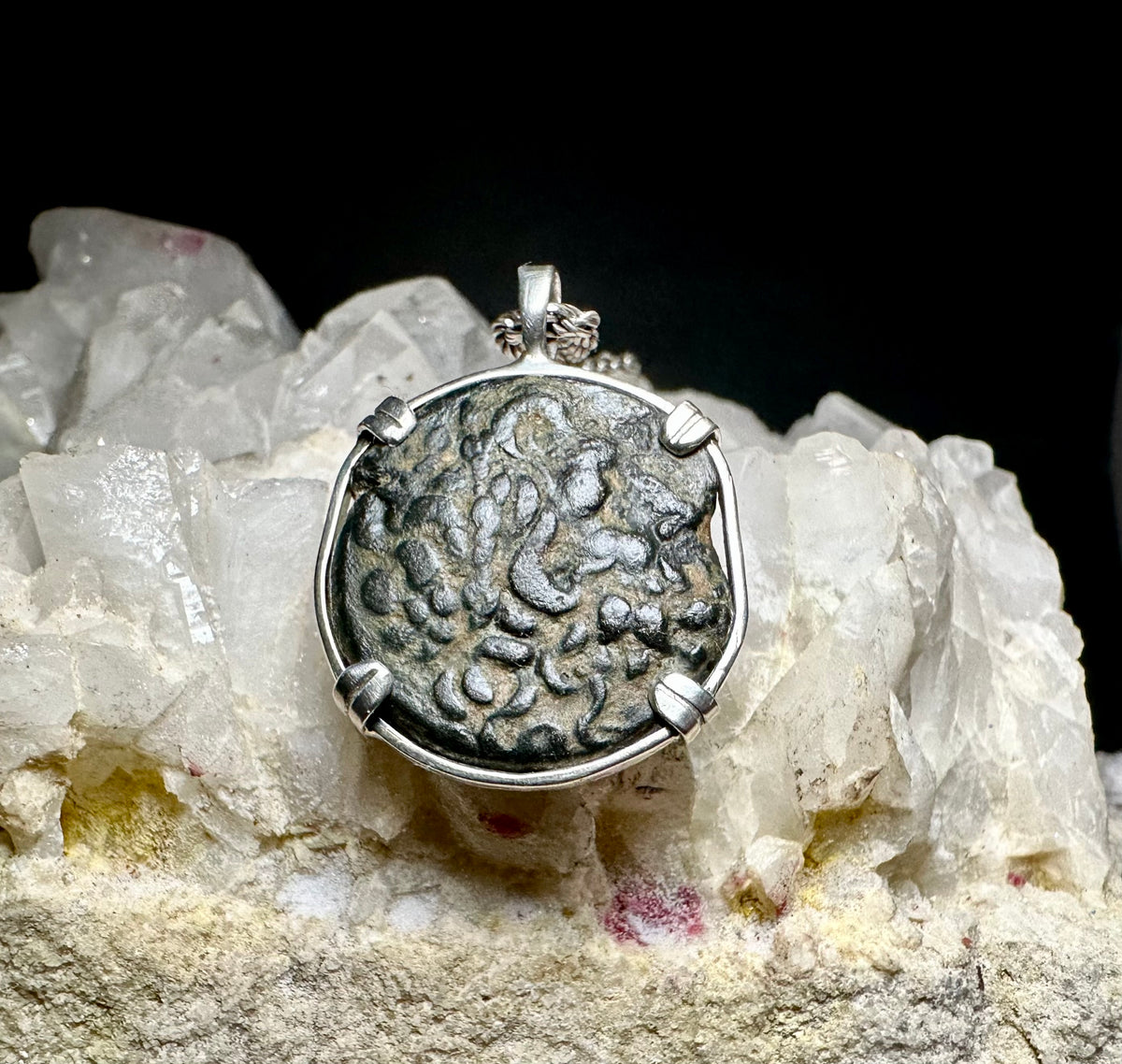 Ancient Greek Zeus and Serpent coin in sterling silver pendant