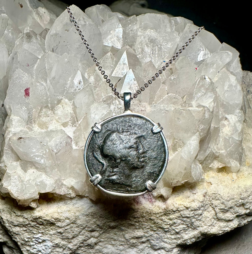 Ancient Greek Athena and owl coin in sterling silver pendant