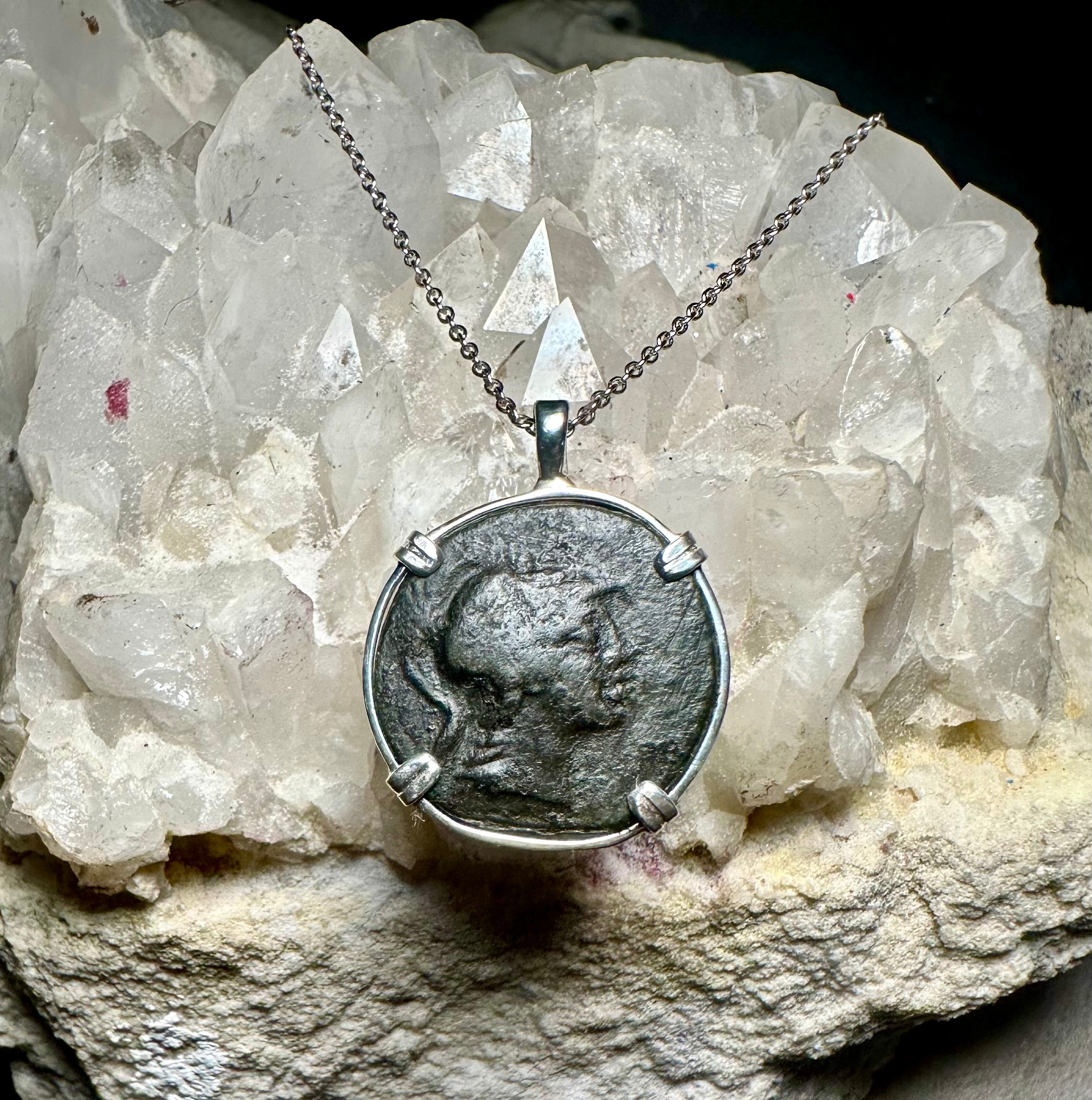 Ancient Greek Athena and owl coin in sterling silver pendant