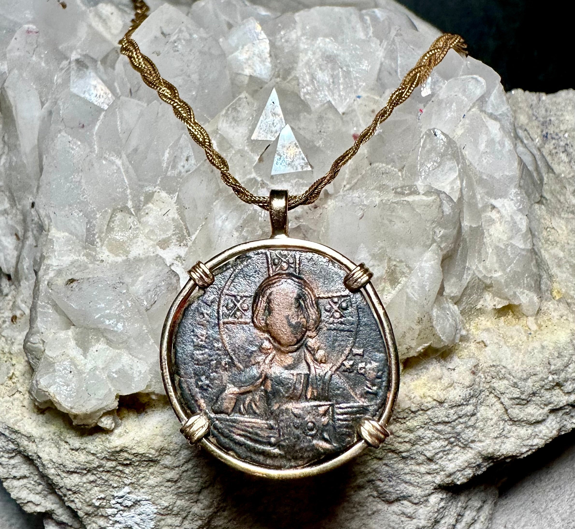 10th century Byzantine Jesus Christ coin in 14k yellow gold filled pendant “Jesus Christ King of Kings”