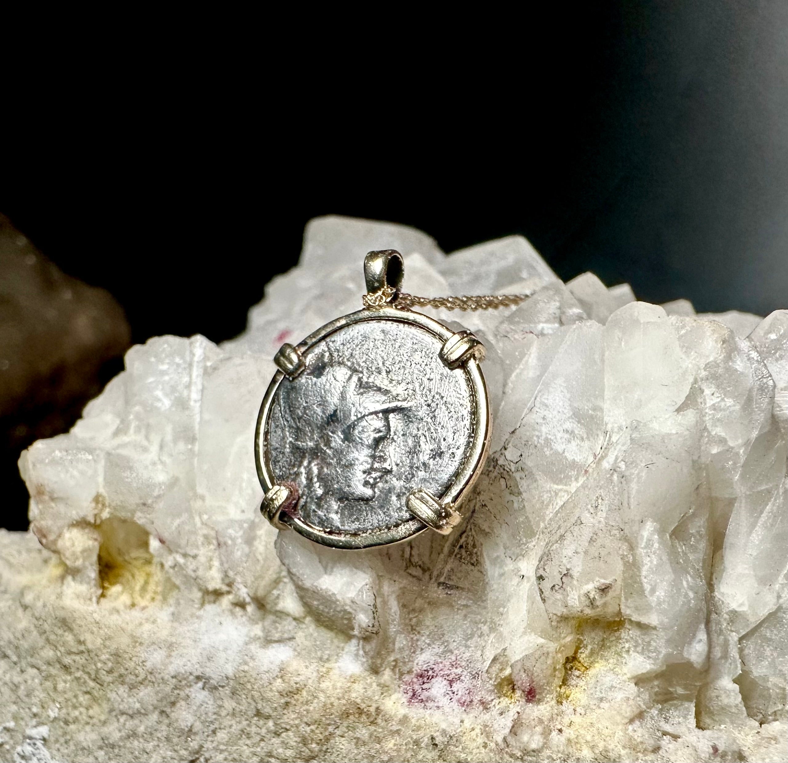 Ancient Greek Athena and Hercules silver coin in solid 14k yellow gold pendant