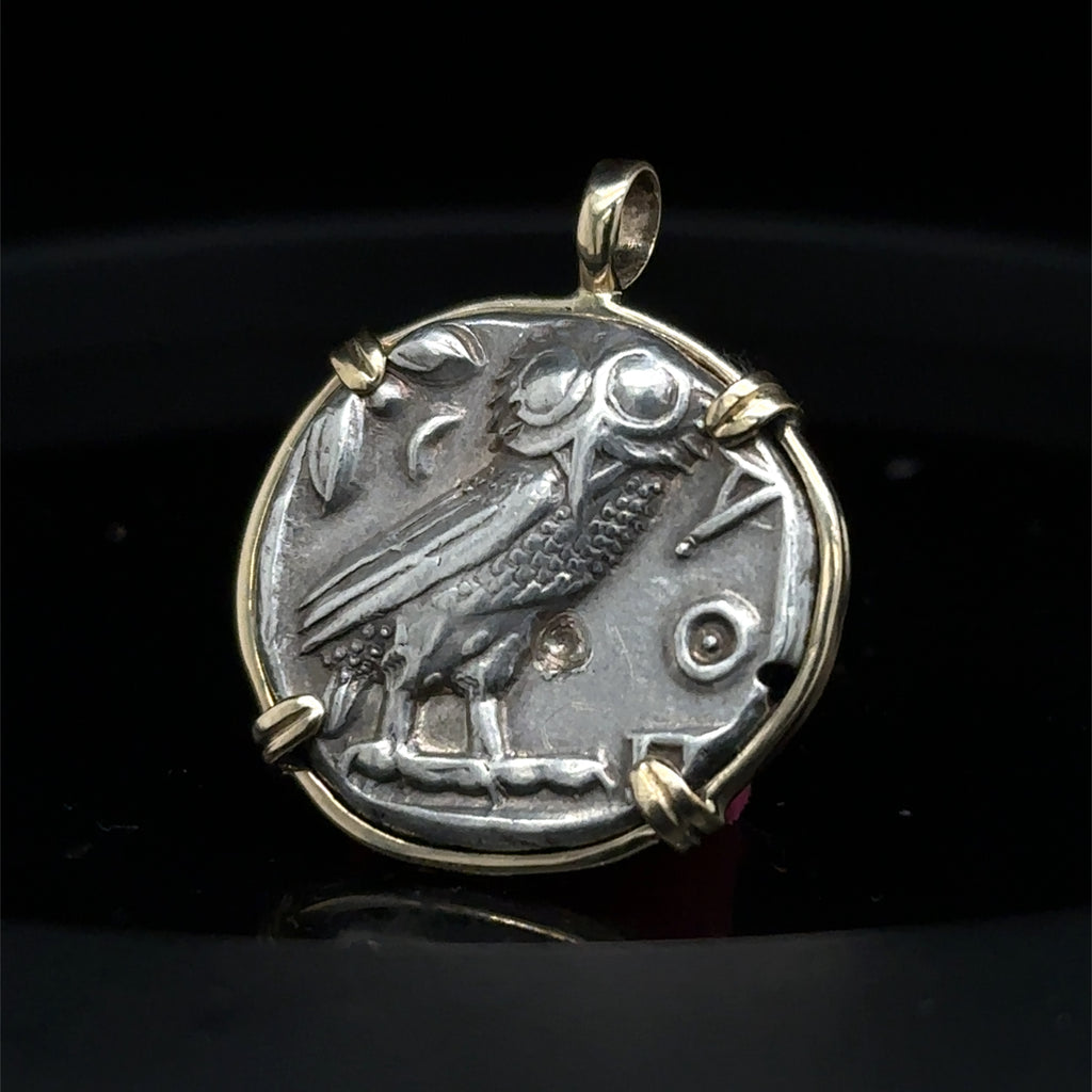 Ancient Greek Athena and Owl silver Tetradrachm in solid 14k yellow gold pendant