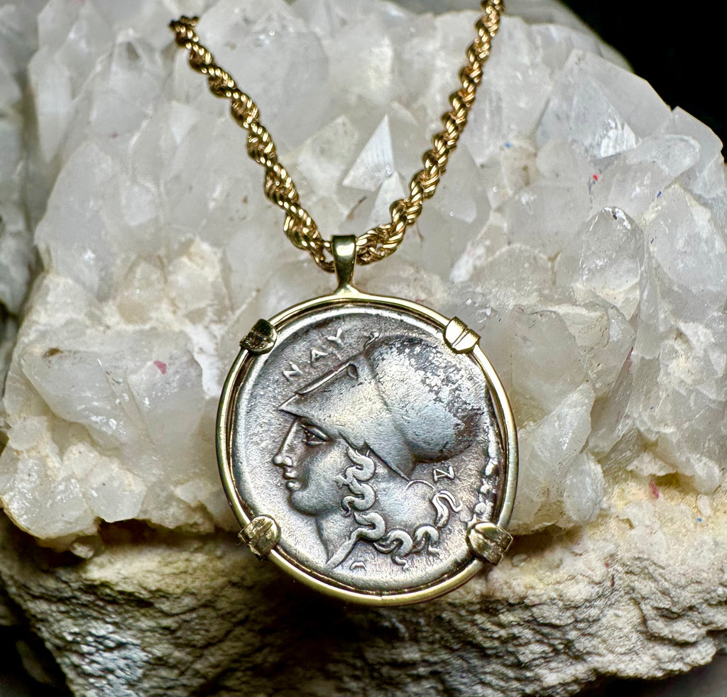 Ancient Greek Athena and Pegasus silver coin in Solid 14k yellow gold pendant