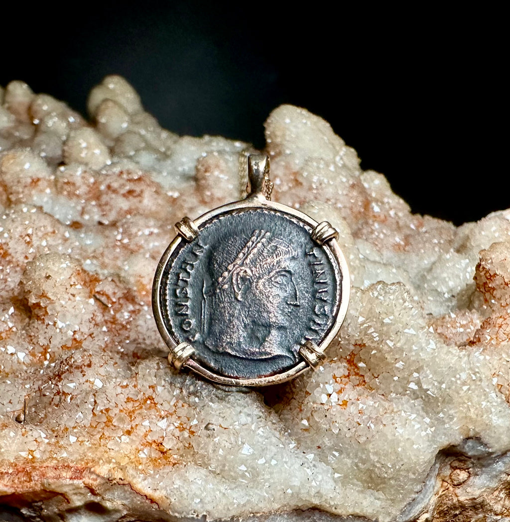 Ancient Roman Constantine The Great coin in 14k yellow gold filled pendant