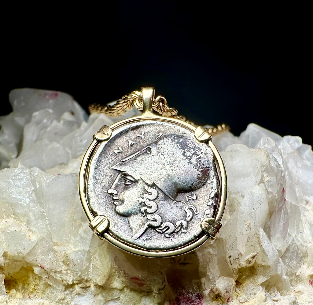 Ancient Greek Athena and Pegasus silver coin in Solid 14k yellow gold pendant