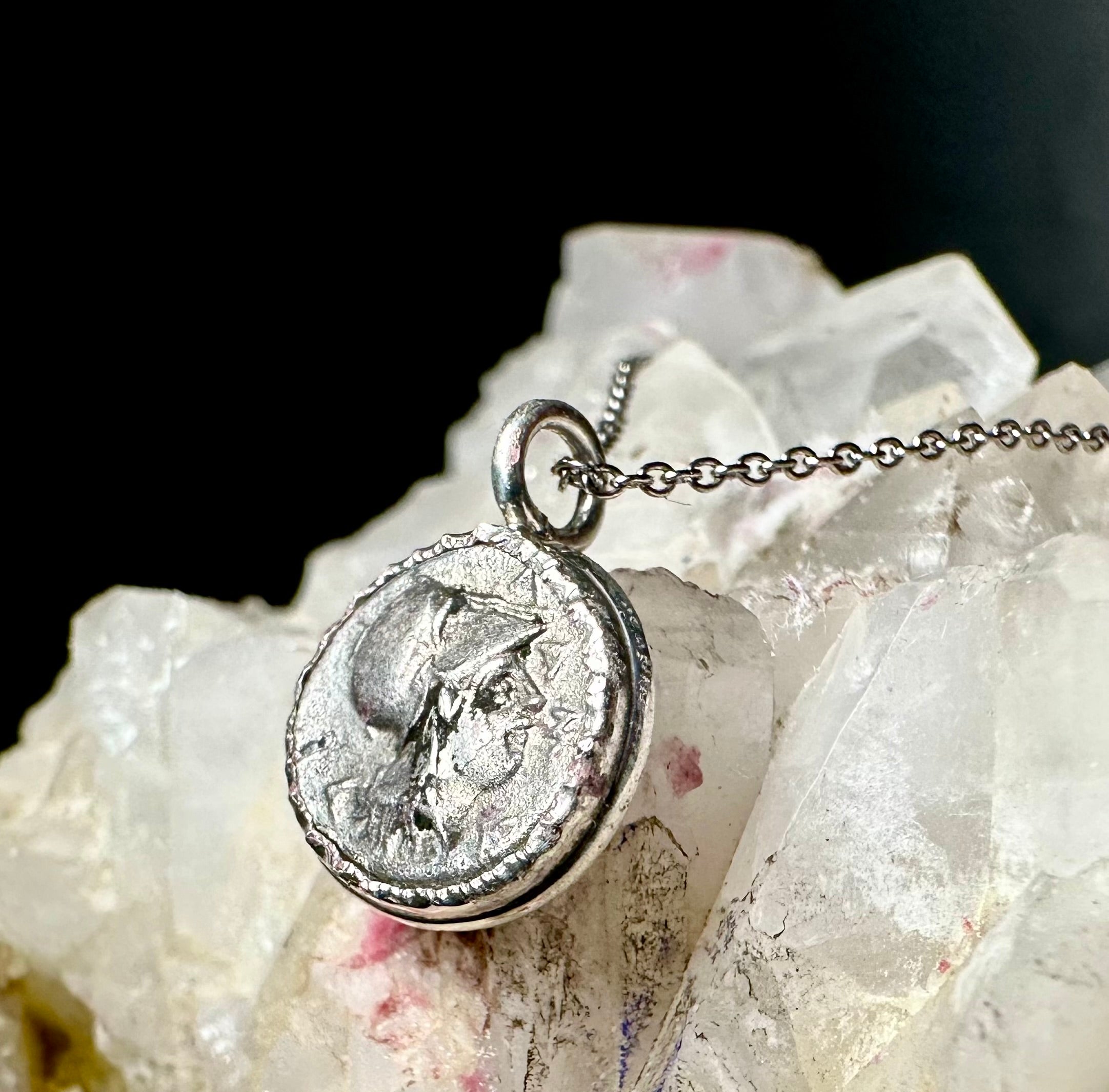 Ancient Greek silver Athena and Janiform coin in sterling silver bezel