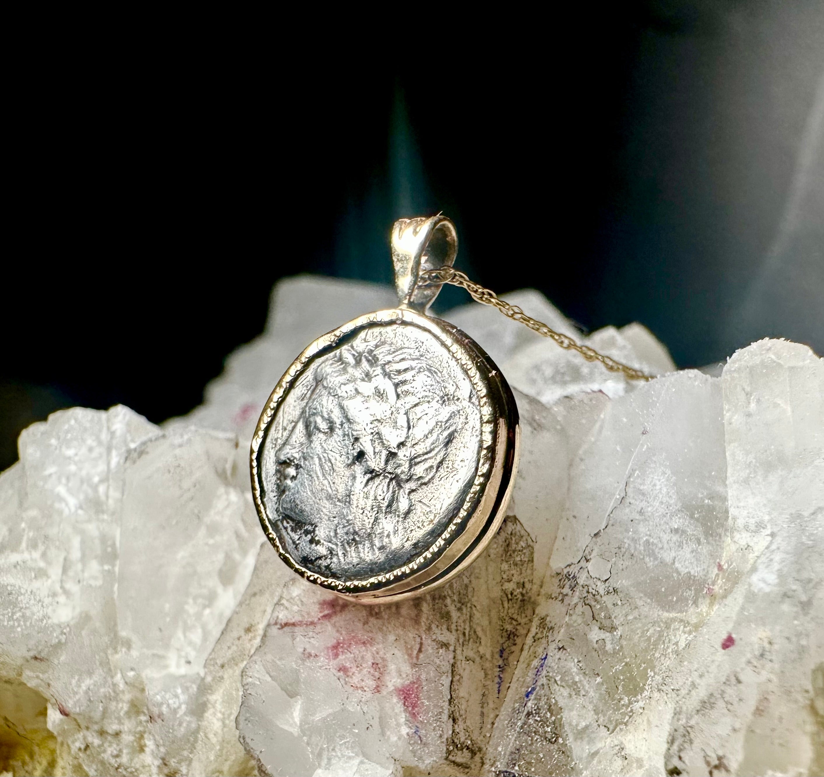 Ancient Greek Apollo and Lion silver coin in solid 14k yellow gold bezel