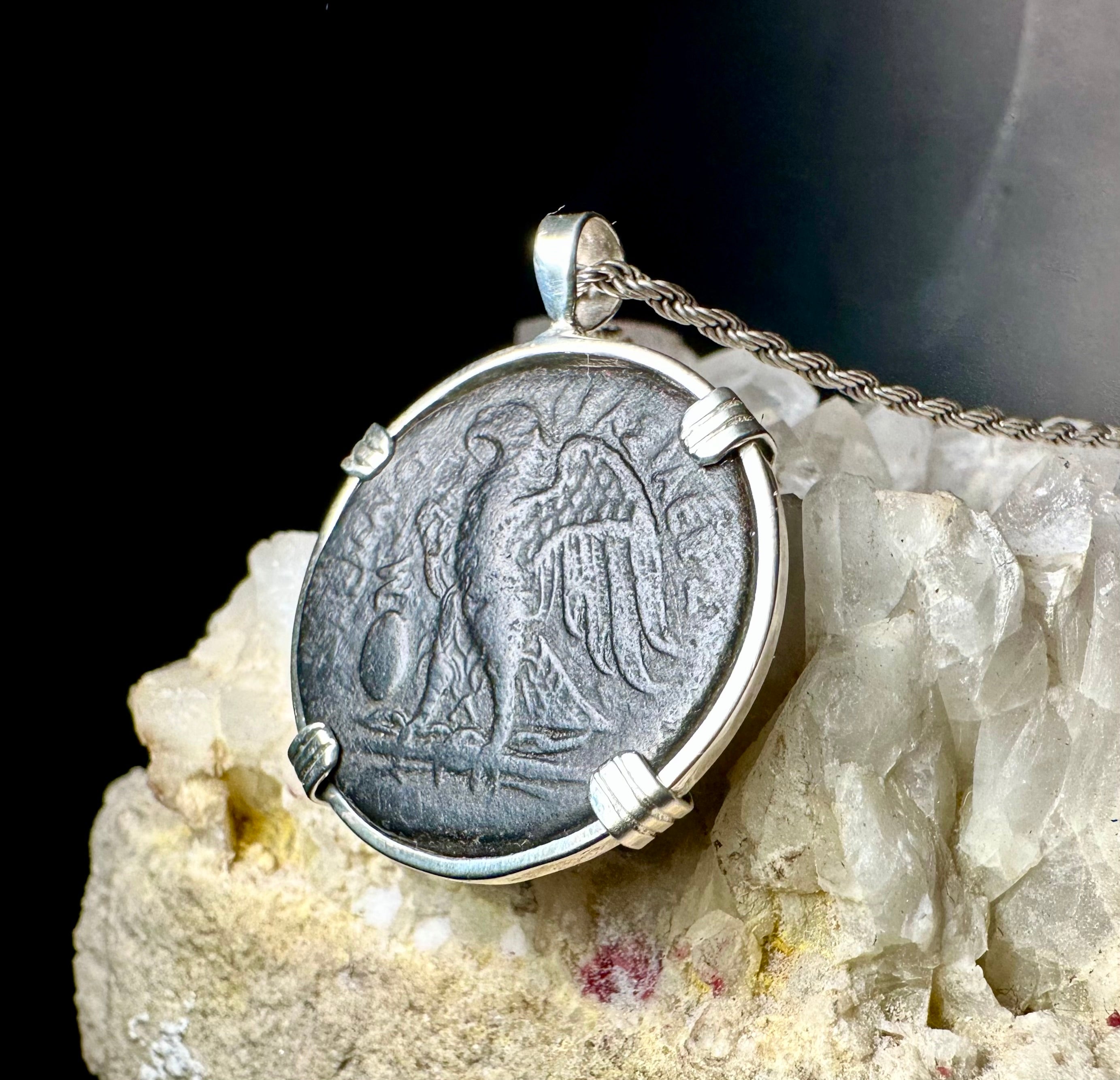 Ancient Egyptian Eagle and Zeus Ammon coin in sterling silver