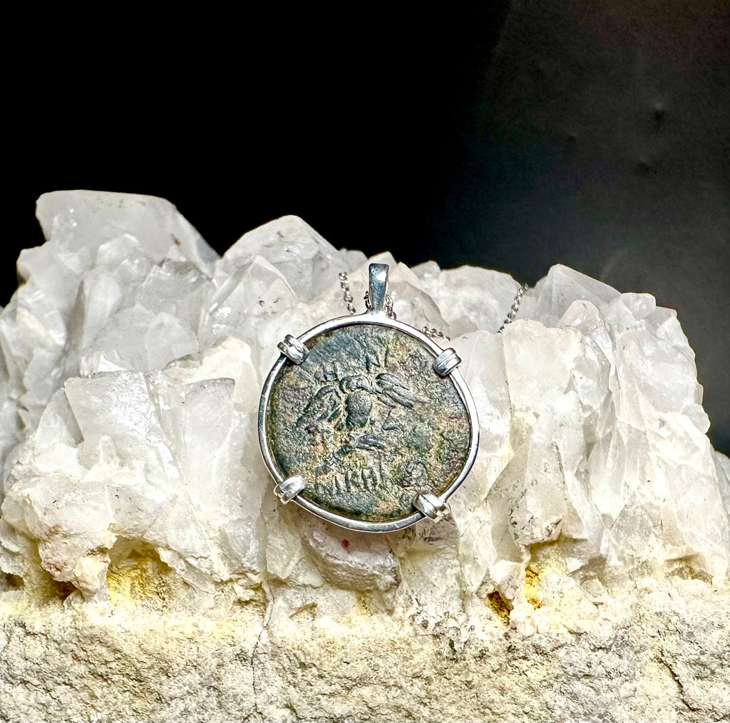 Ancient Greek Athena and Owl coin in sterling silver pendant