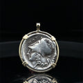 Ancient Greek Athena and Pegasus silver coin in Solid 14k yellow gold pendant
