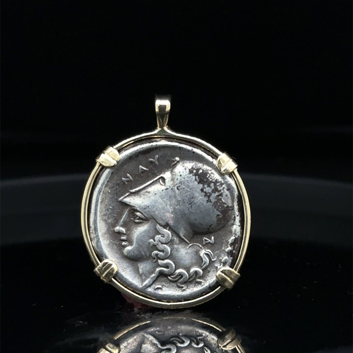 Ancient Greek Athena and Pegasus silver coin in Solid 14k yellow gold pendant