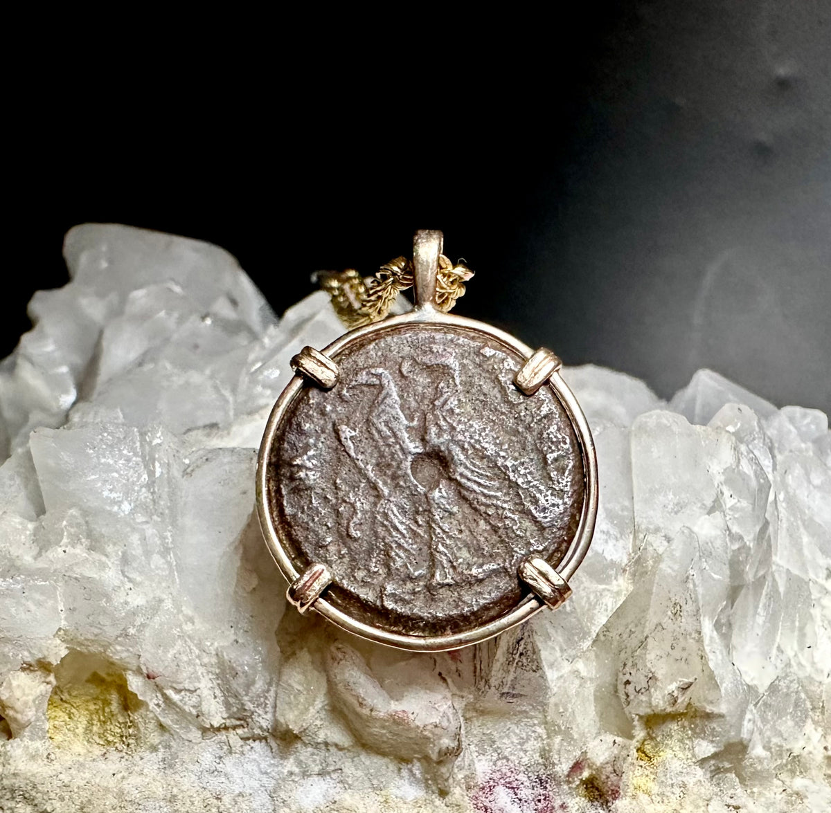 Ancient Egyptian coin of Zeus Ammon and Twin Eagles in 14k yellow gold filled pendant