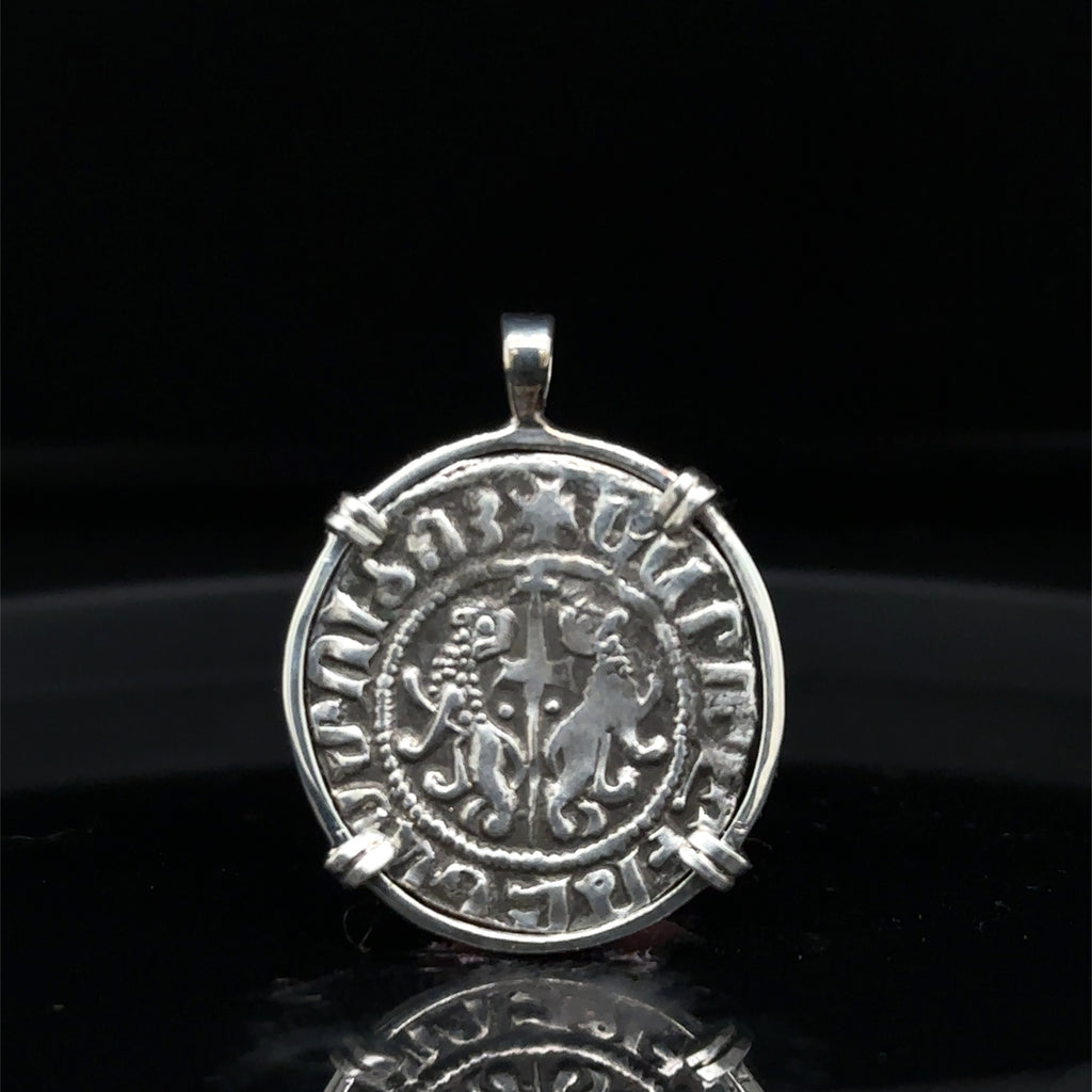 Medieval Christian Lion and Cross coin with “By the Will of God” inscription in sterling silver pendant