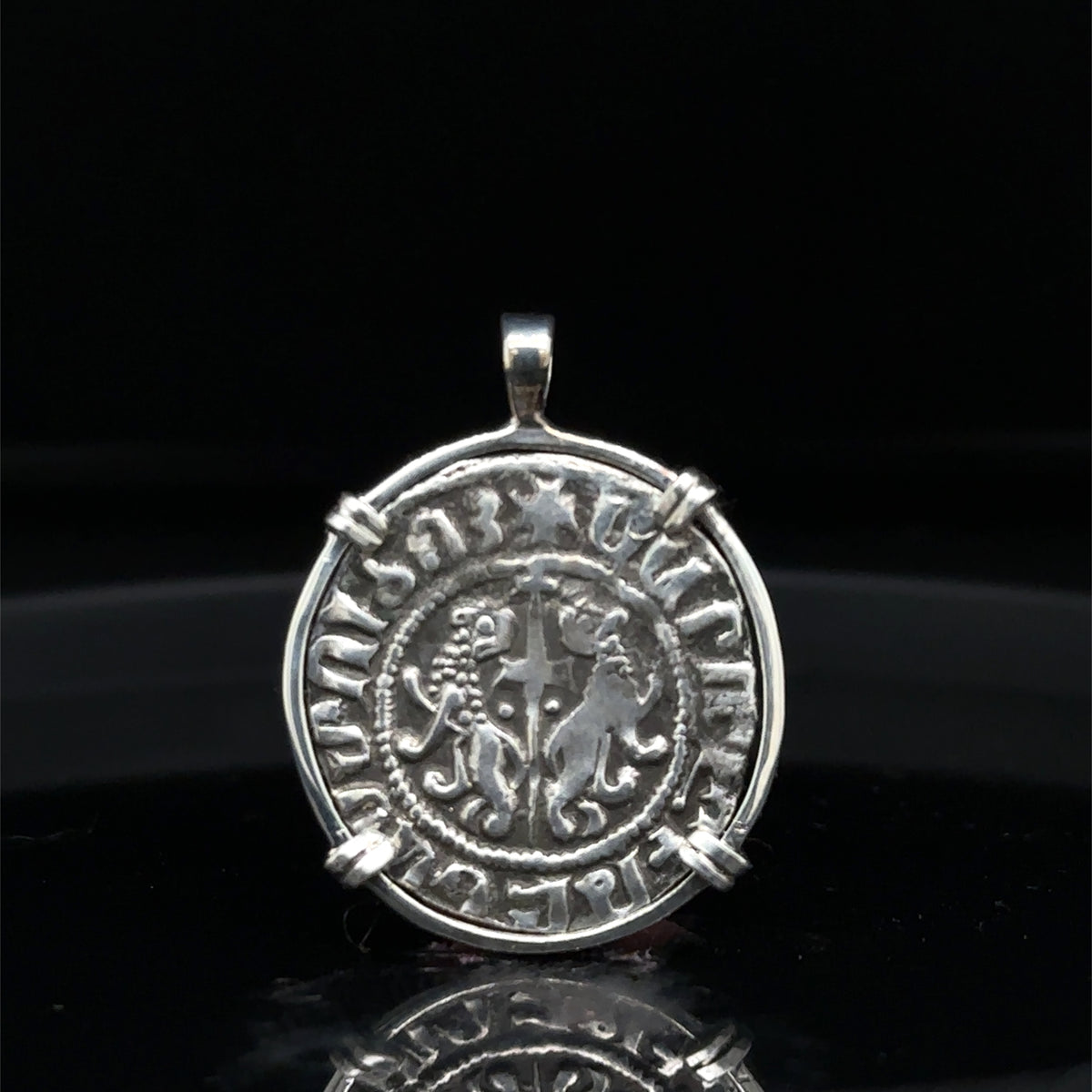 Medieval Christian Lion and Cross coin with “By the Will of God” inscription in sterling silver pendant