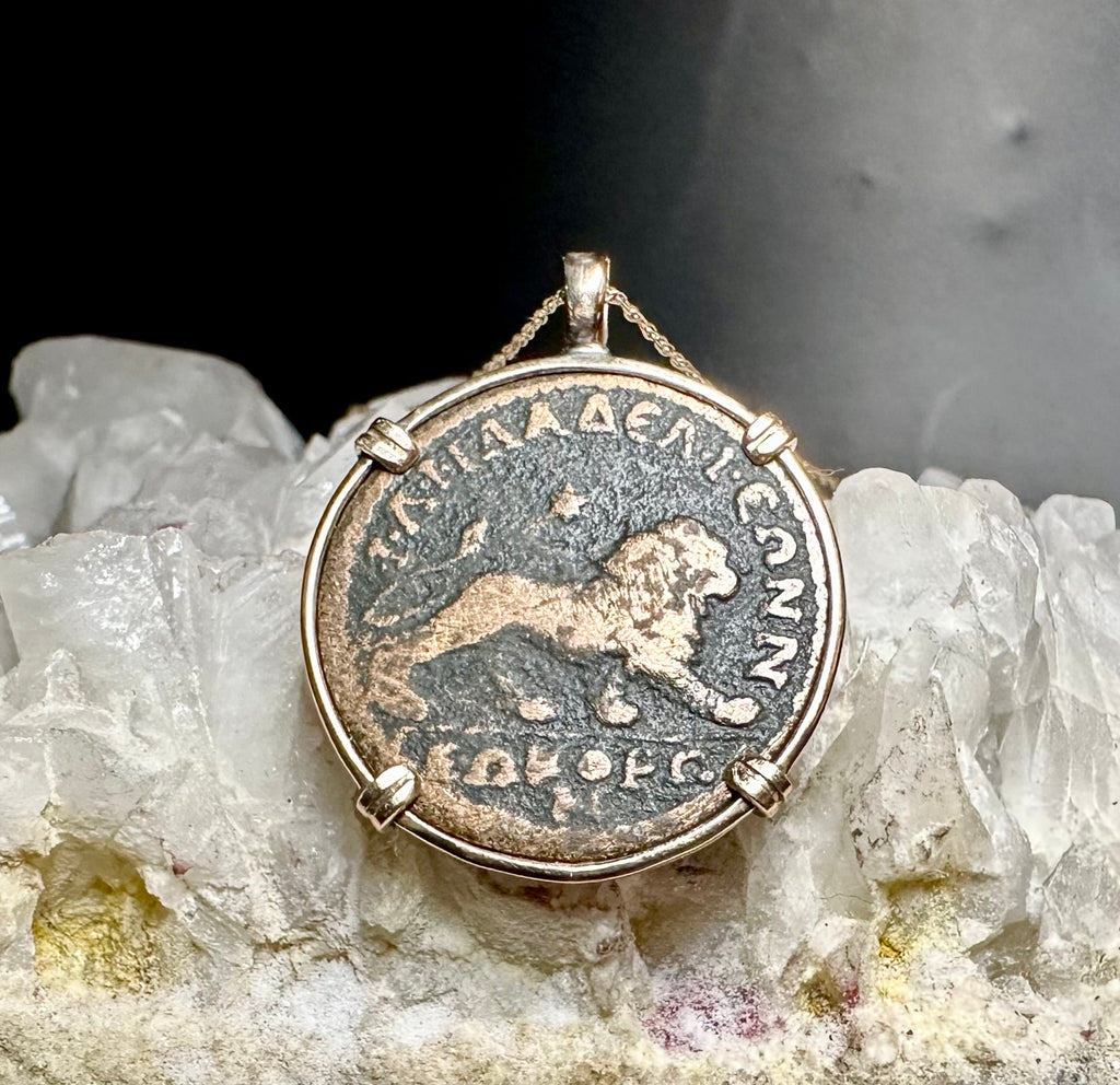 Ancient Roman lion coin in 14k yellow gold filled pendant