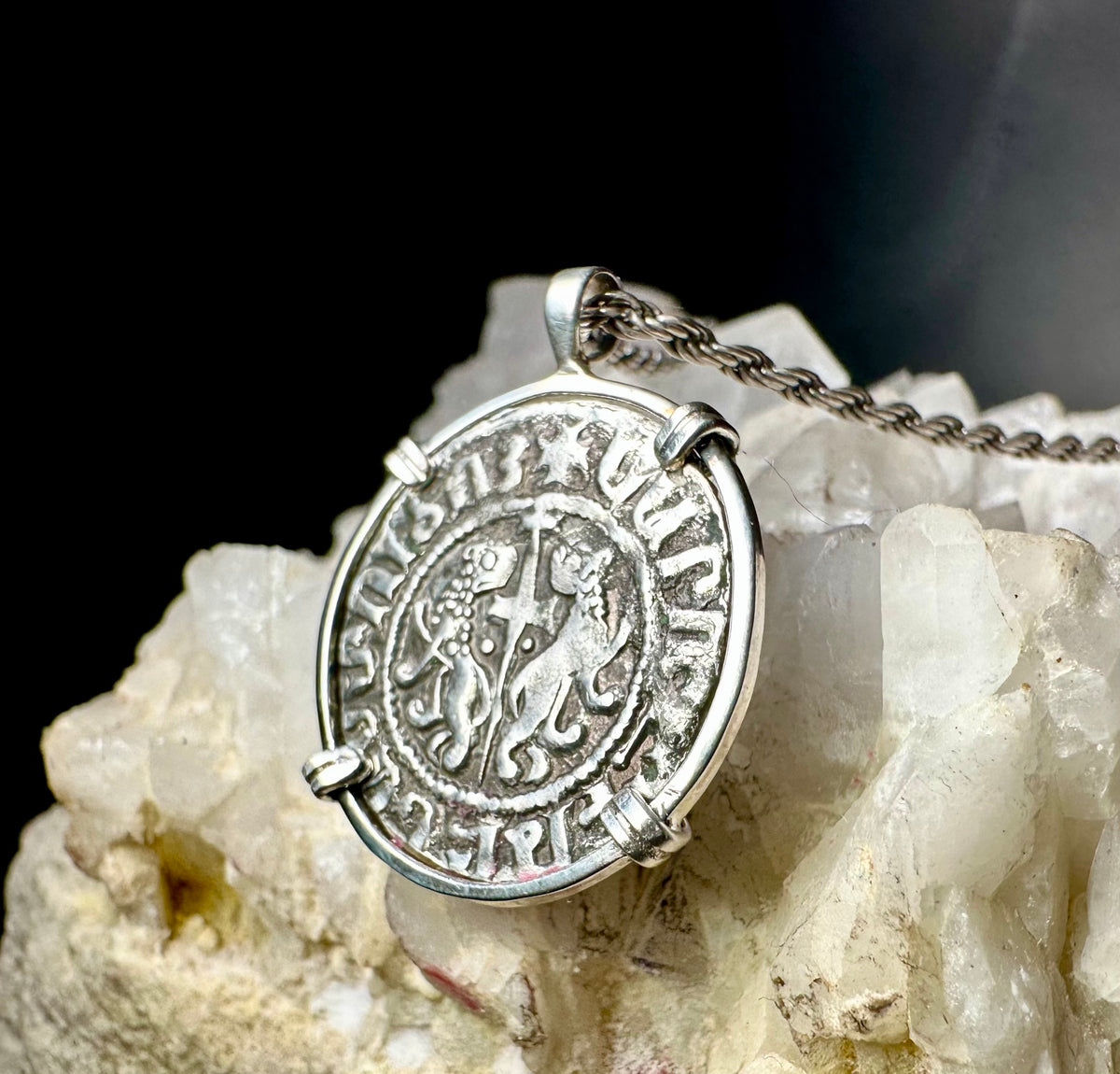 Medieval Christian Lion and Cross coin with “By the Will of God” inscription in sterling silver pendant