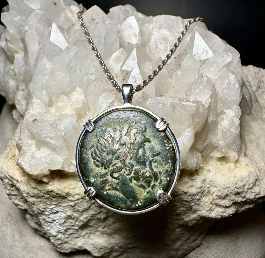 Large Ancient Greek Zeus and Eagle Coin in sterling silver pendant