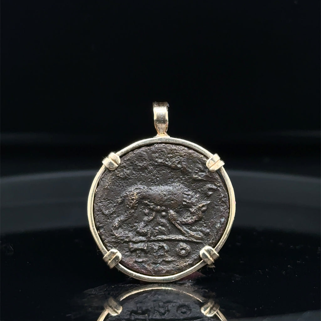 Ancient Roman 3rd century She Wolf Coin in 14k yellow gold filled pendant