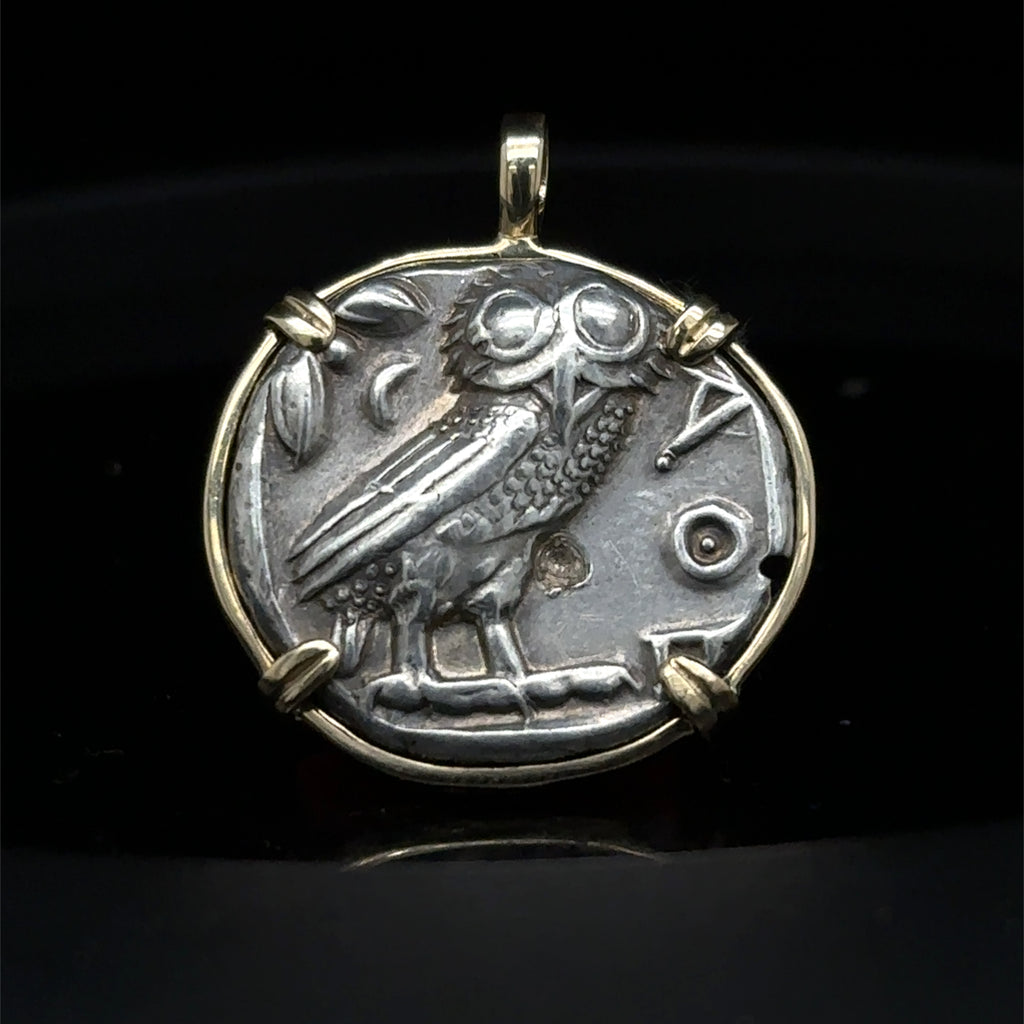 Ancient Greek Athena and Owl silver Tetradrachm in solid 14k yellow gold pendant