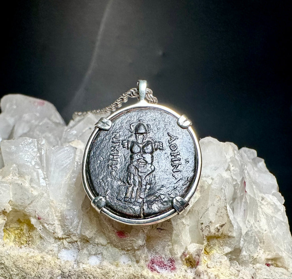 Ancient Greek Armor and Athena coin in sterling silver pendant