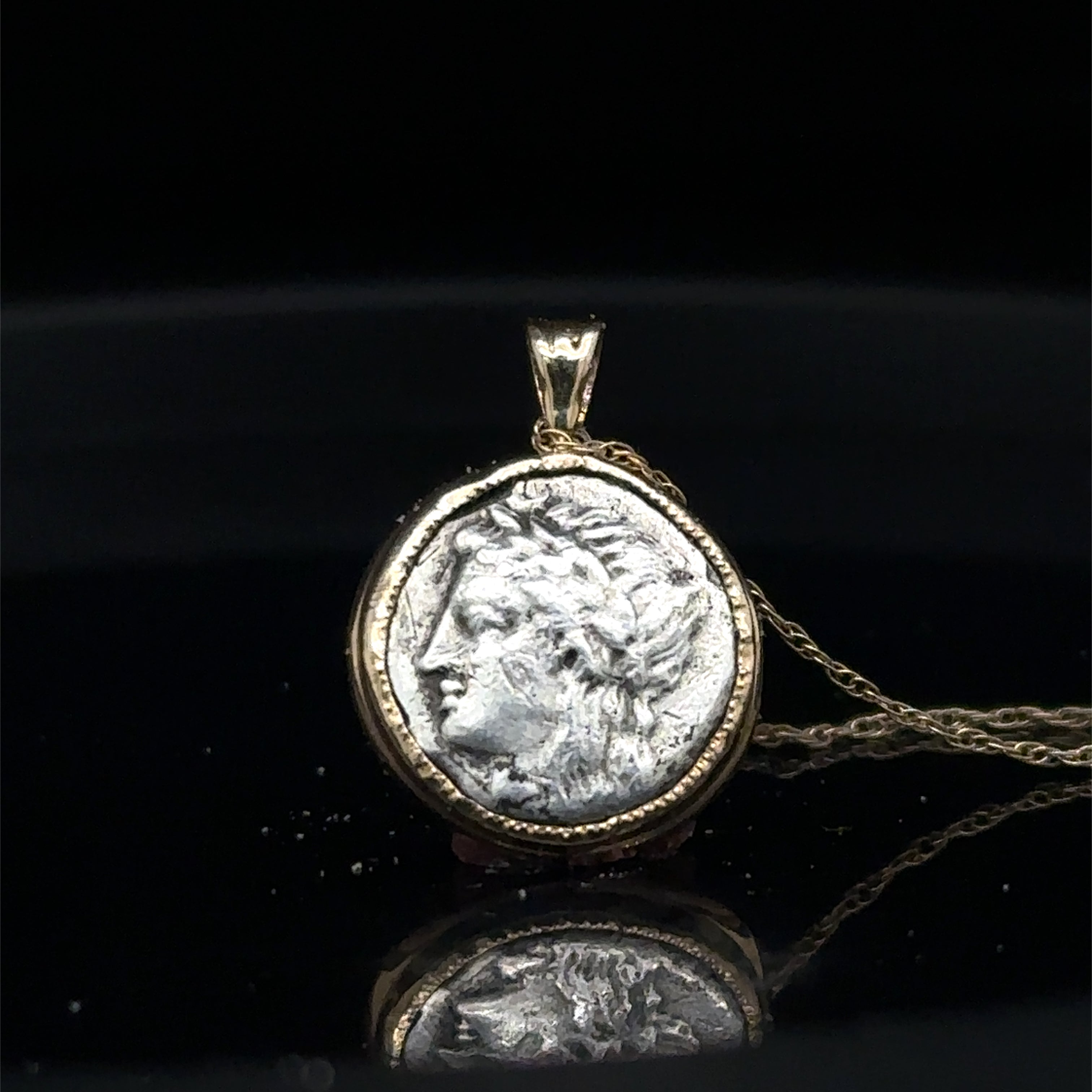 Ancient Greek Apollo and Lion silver coin in solid 14k yellow gold bezel