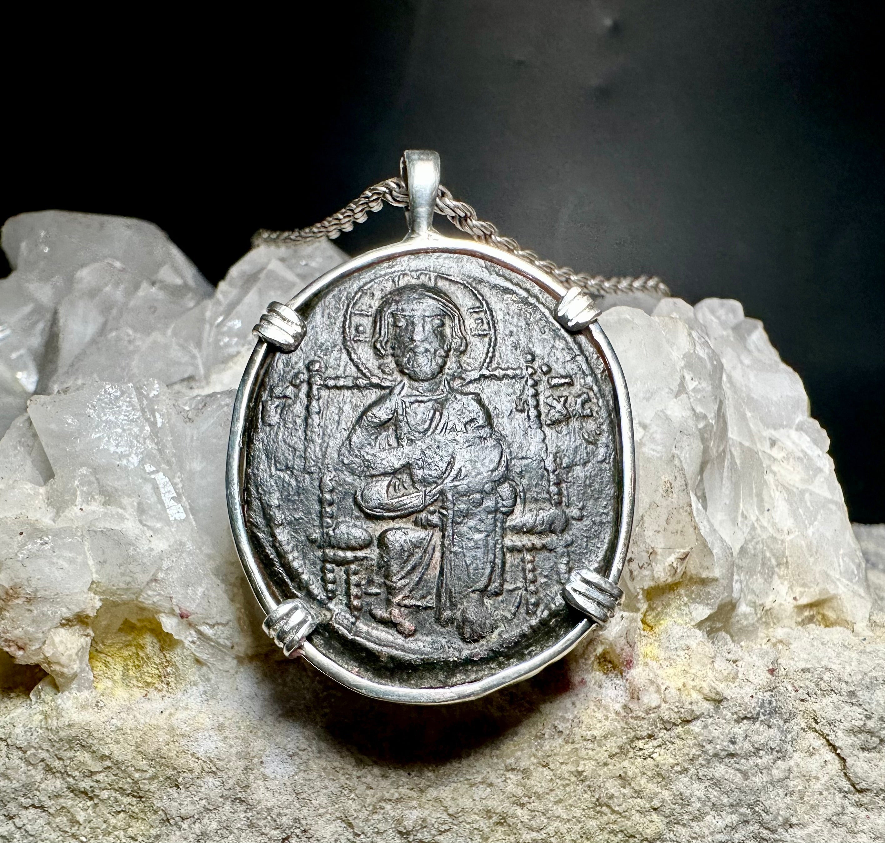 Ancient Byzantine Christ coin in sterling silver pendant “Christ king of Kings” inscription