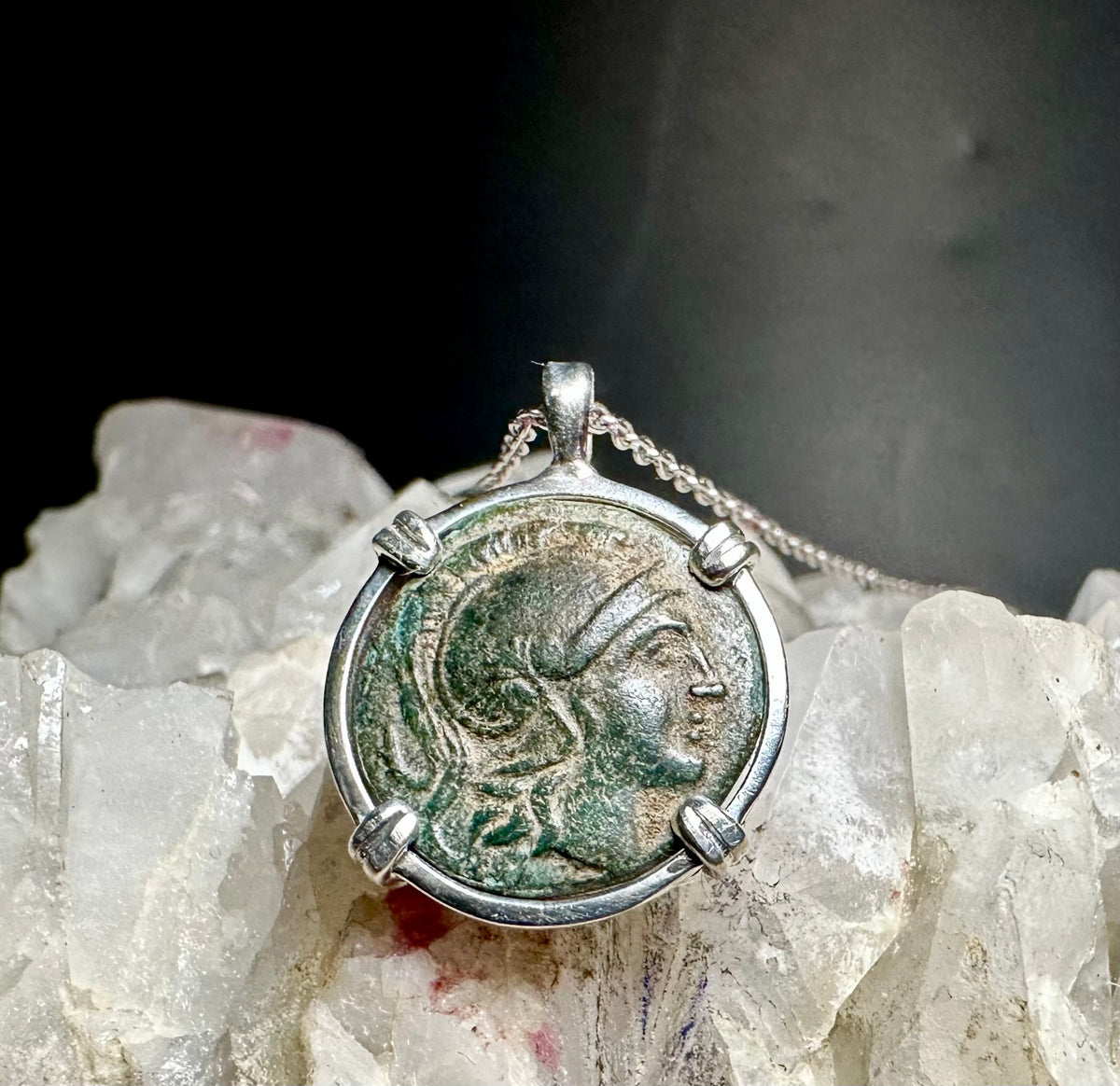 Ancient Greek Athena and Lion coin in sterling silver pendant