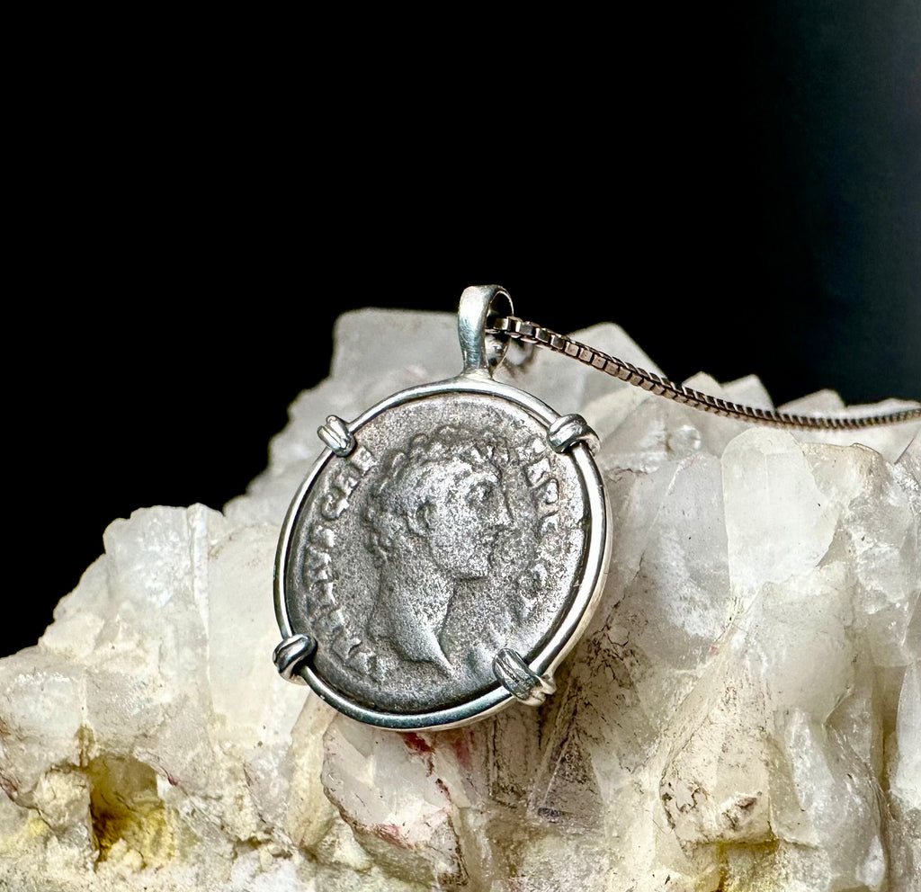 Ancient Roman Marcus Aurelius silver denarius in sterling silver pendant