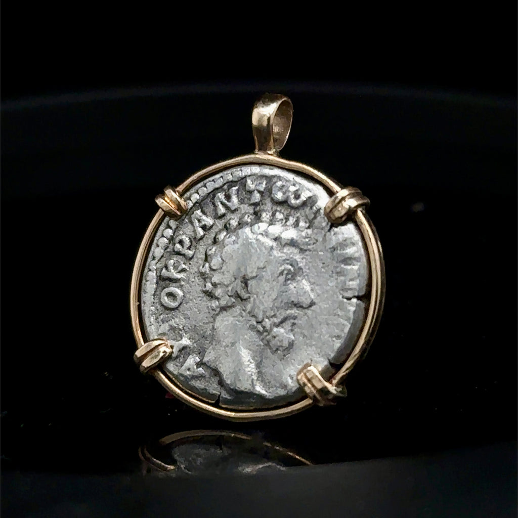 Marcus Aurelius silver Didrachm in 14k yellow gold filled pendant