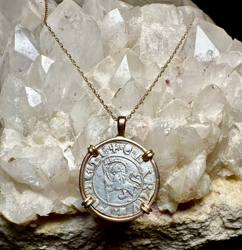14th Century Italian Christian Lion of St Mark coin in 14k yellow gold filled pendant