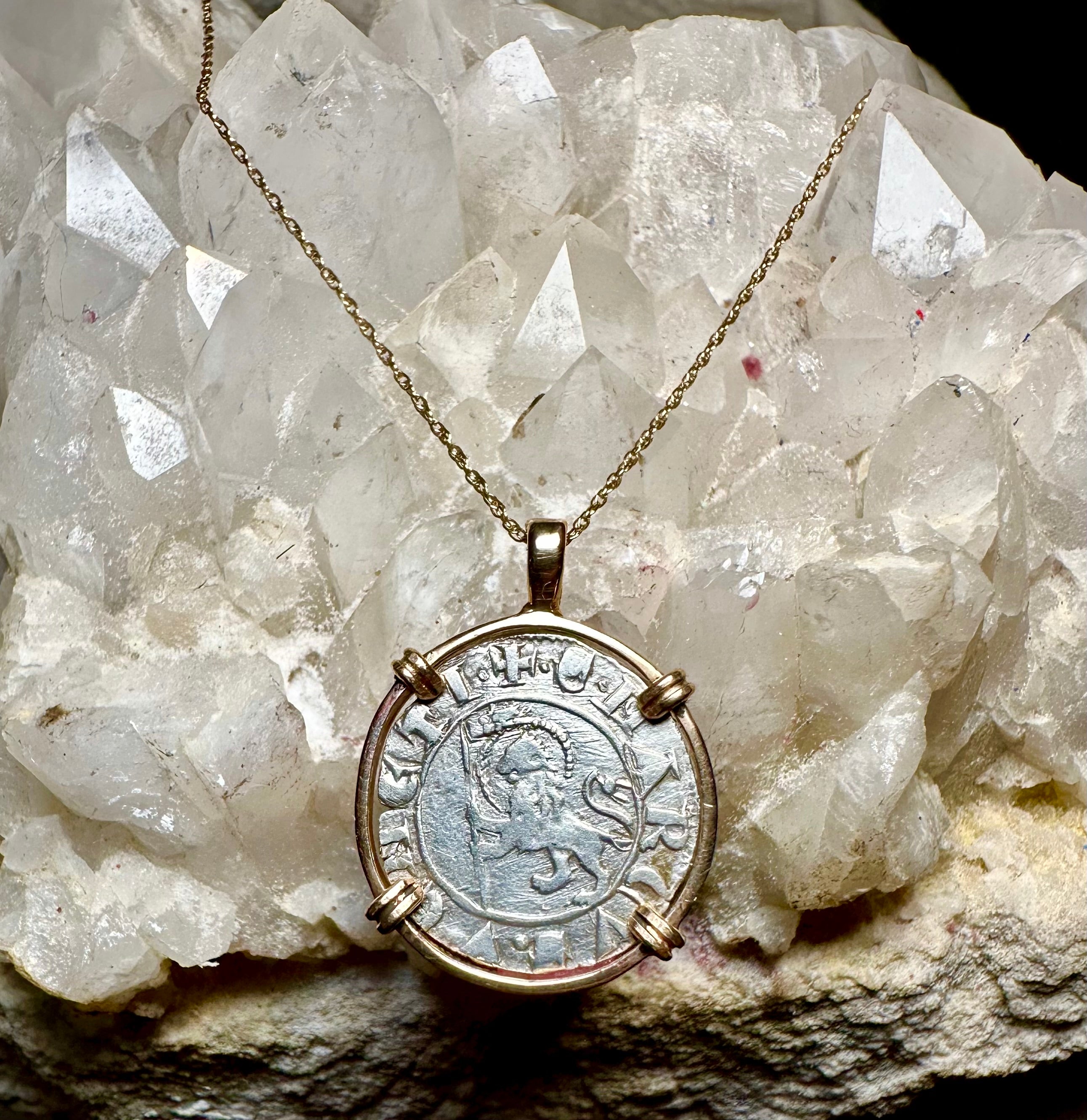 14th Century Italian Christian Lion of St Mark coin in 14k yellow gold filled pendant