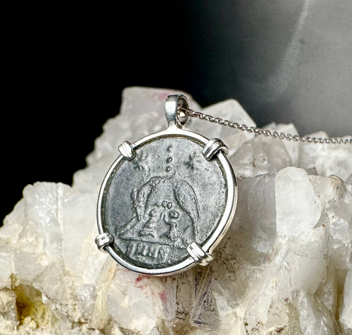 Ancient Roman She-Wolf coin in sterling silver pendant