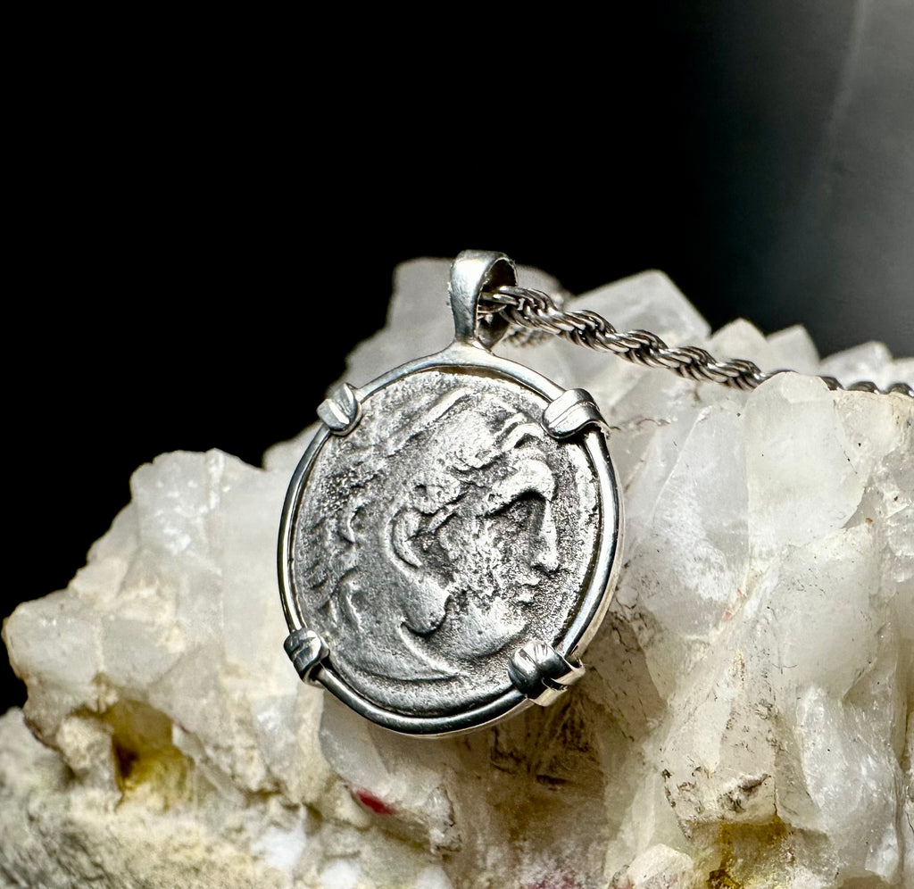 Ancient Greek Alexander the Great silver Drachm in sterling silver pendant