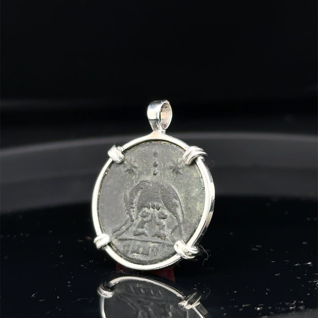Ancient Roman She-Wolf coin in sterling silver pendant