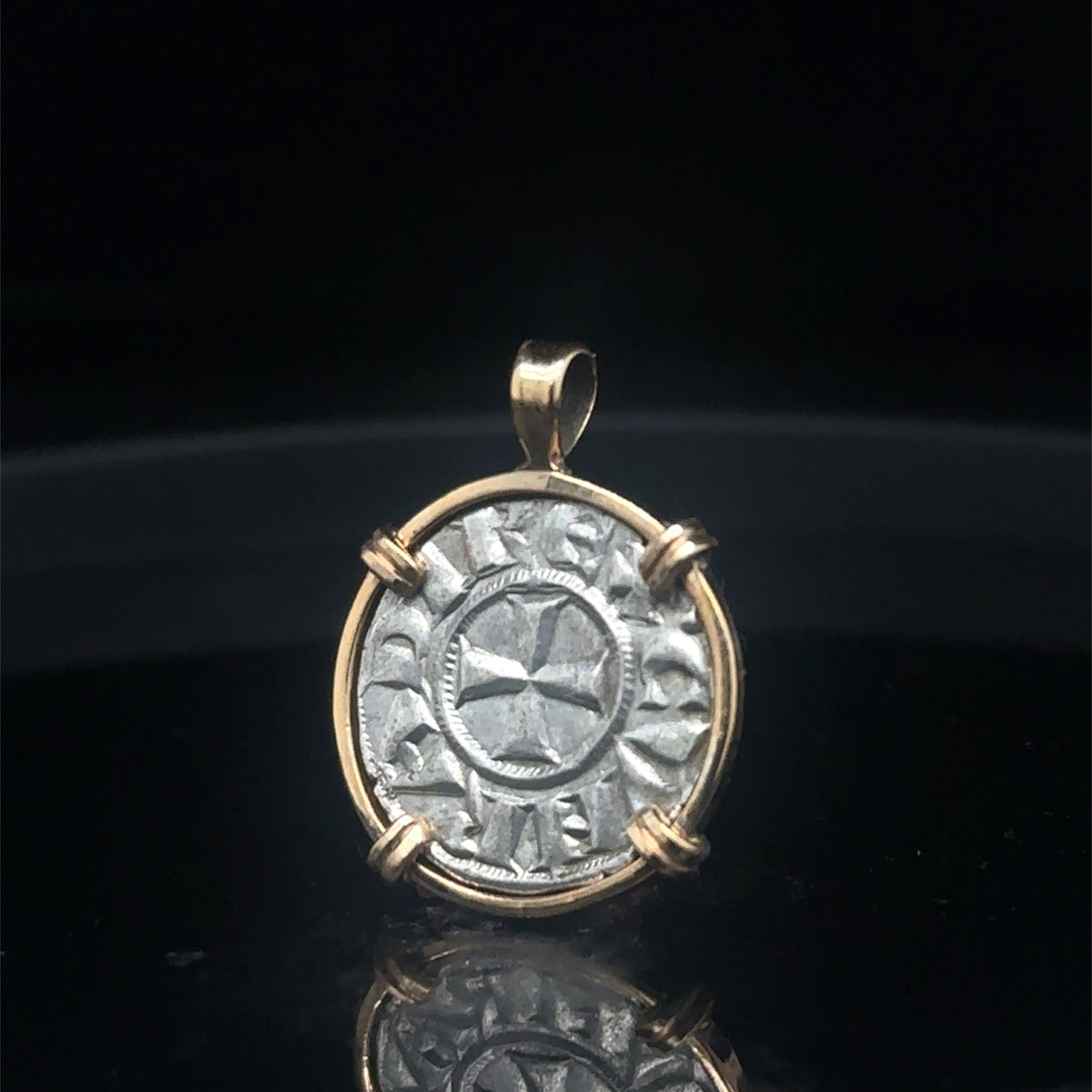 Medieval 13th century Italian Christian crusader coin in 14k yellow gold filled pendant