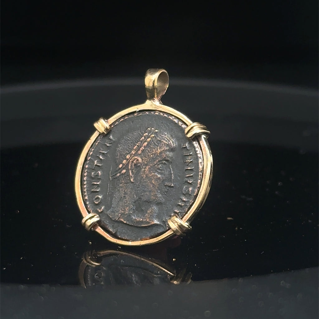 Ancient Roman Constantine The Great coin in 14k yellow gold filled pendant
