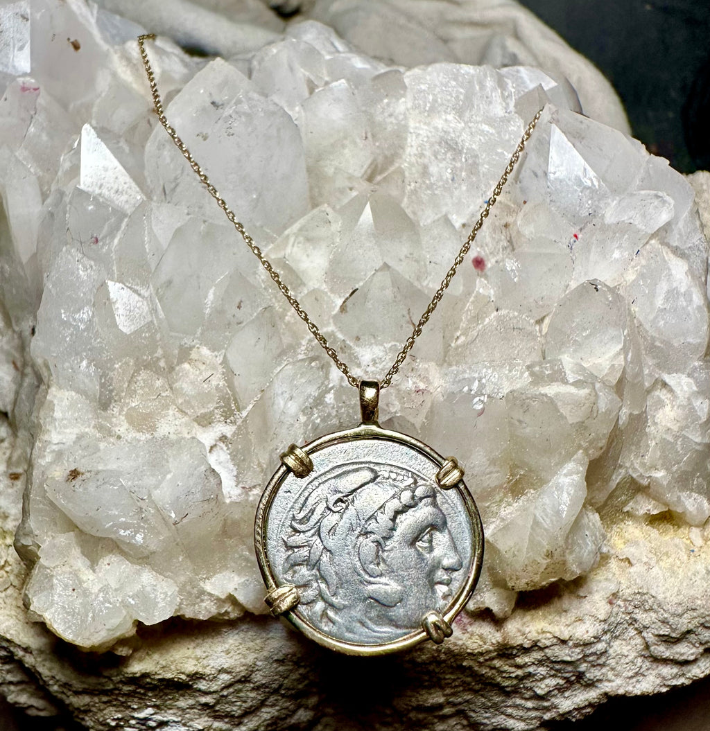 Alexander the Great silver Drachm in solid 14k yellow gold pendant