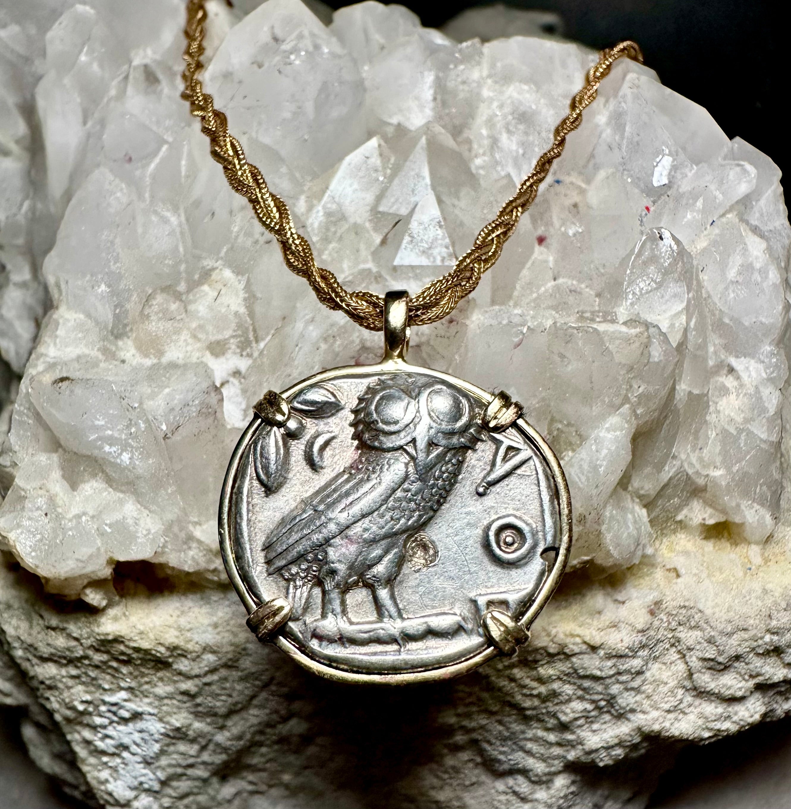 Ancient Greek Athena and Owl silver Tetradrachm in solid 14k yellow gold pendant