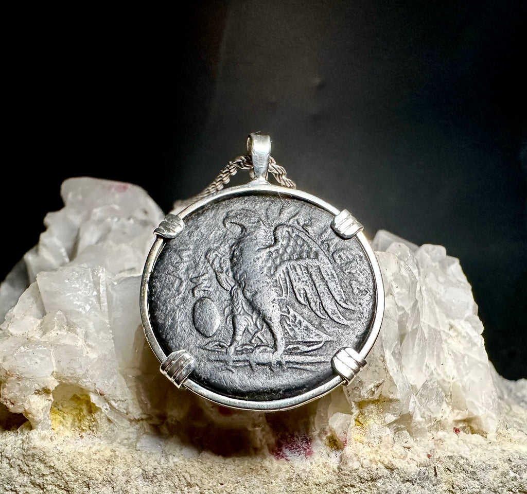 Ancient Egyptian Eagle and Zeus Ammon coin in sterling silver