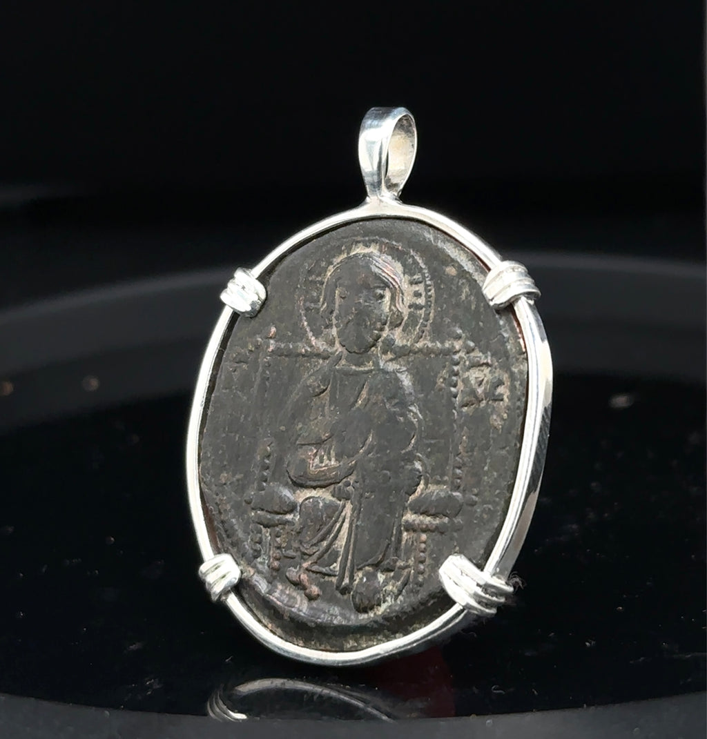 Ancient Byzantine Christ coin in sterling silver pendant “Christ king of Kings” inscription