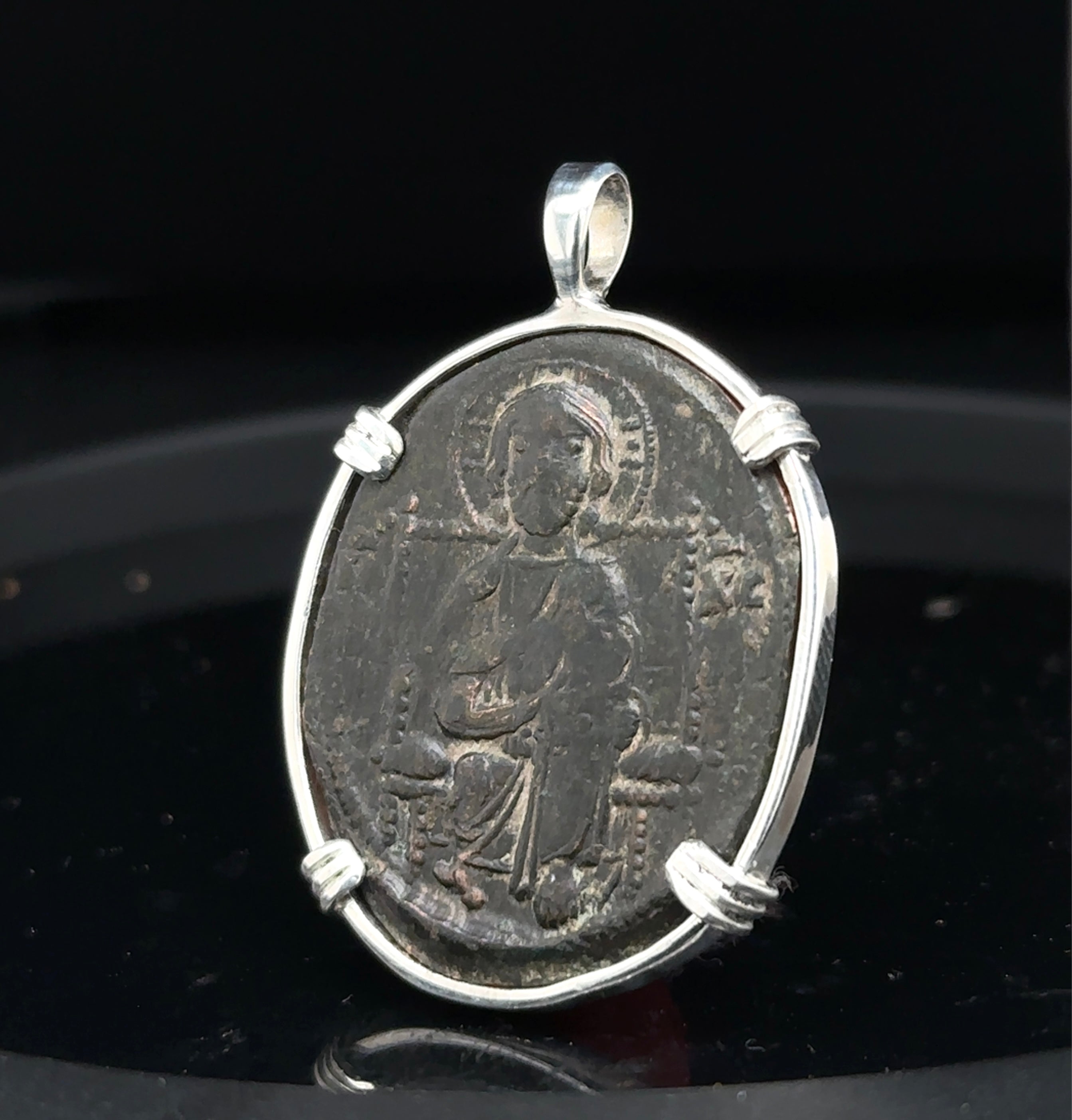Ancient Byzantine Christ coin in sterling silver pendant “Christ king of Kings” inscription