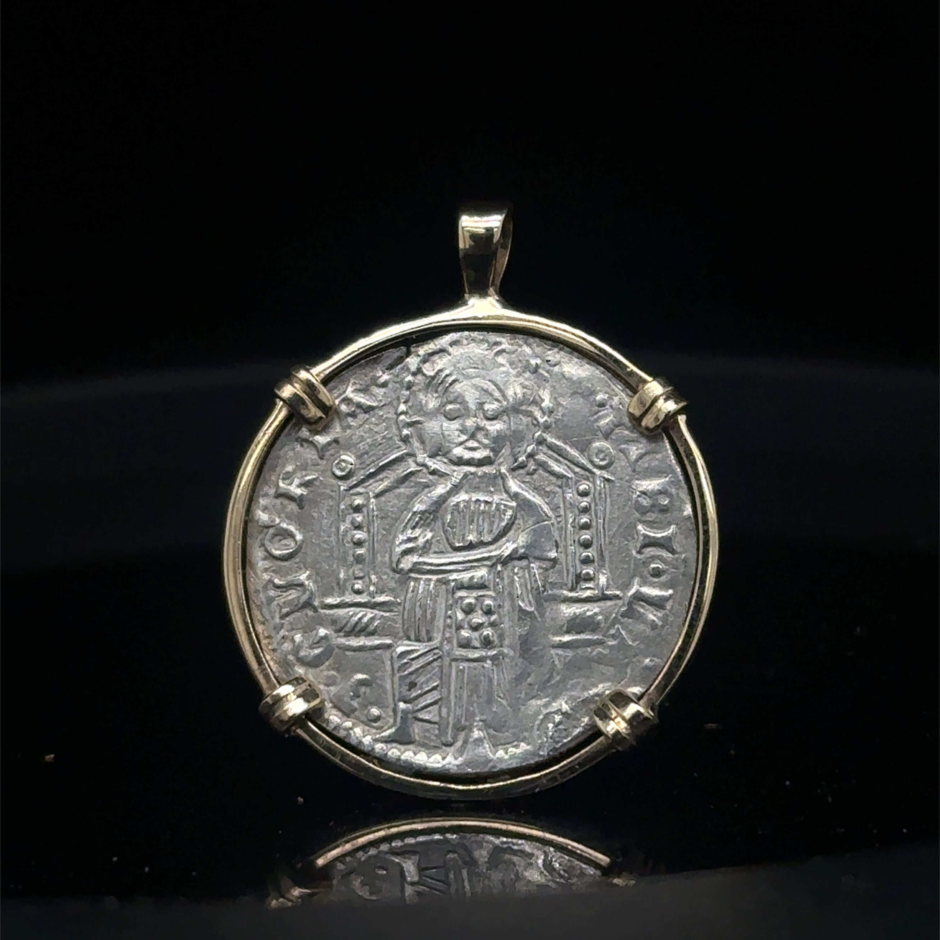 Genuine 14th Cent Jesus Christ and St Mark Coin in hand made solid gold pendant