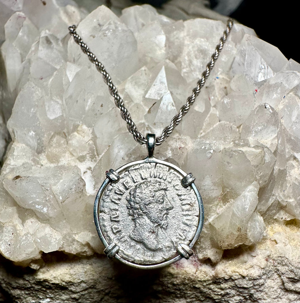 Ancient Roman Empeor Marcus Aurelius silver denarius in sterling silver pendant