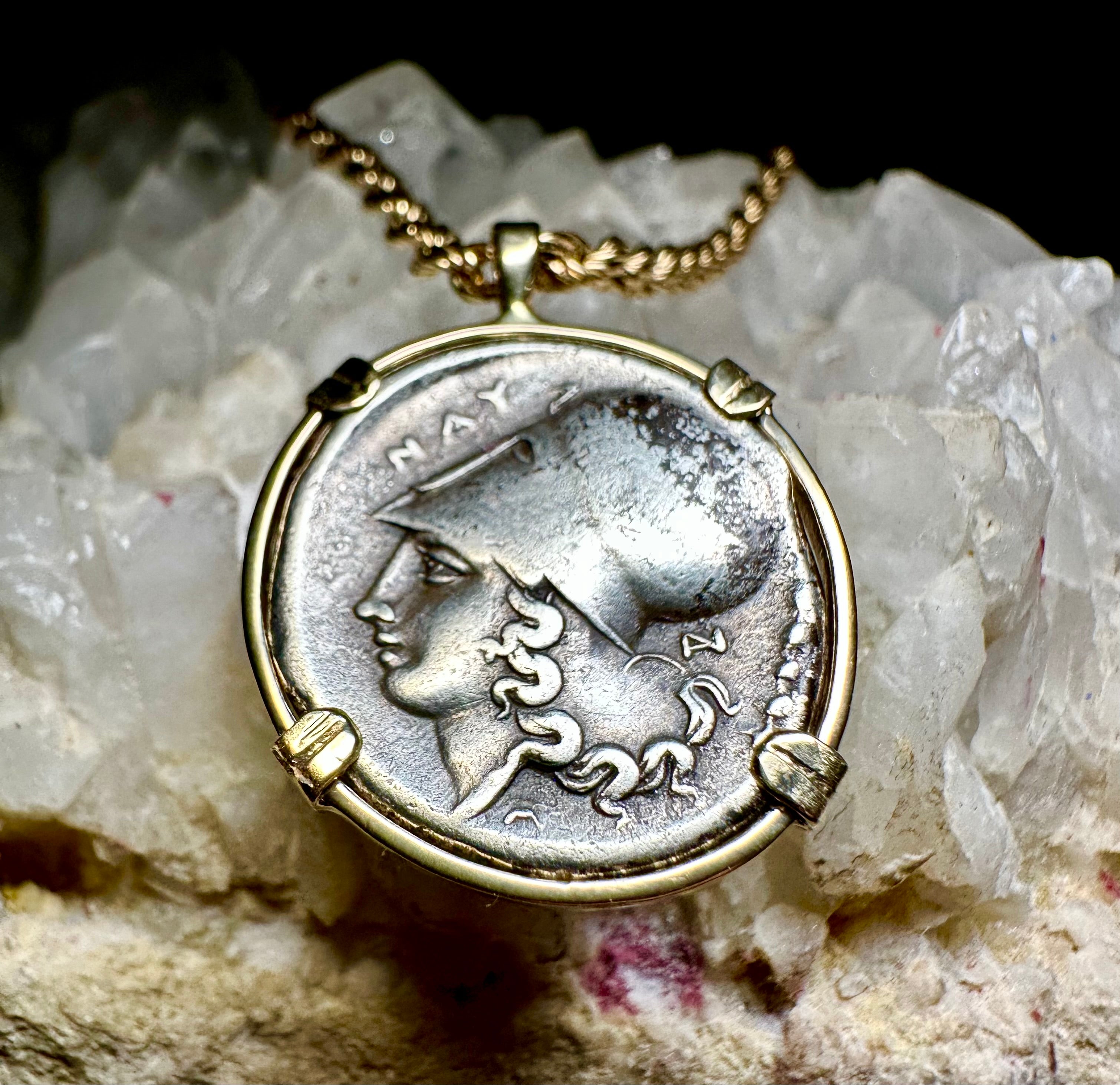 Ancient Greek Athena and Pegasus silver coin in Solid 14k yellow gold pendant