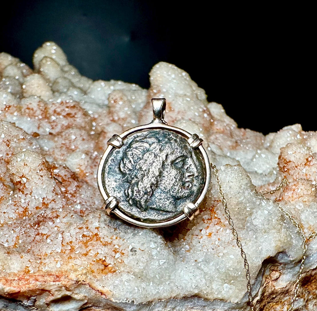Genuine 4th century BC Apollo and Lion coin in 14k yellow gold filled pendant