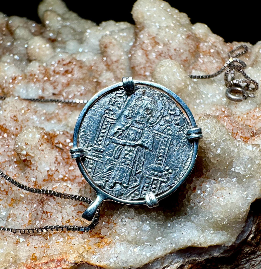 Genuine 14th Century Jesus Christ and St. Mark coin in hand made sterling silver