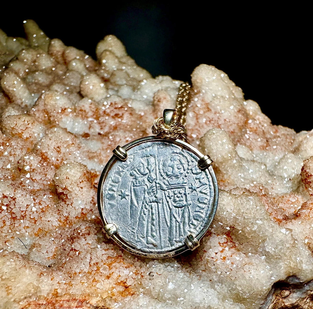 Genuine 14th Cent Jesus Christ and St Mark Coin in hand made solid gold pendant