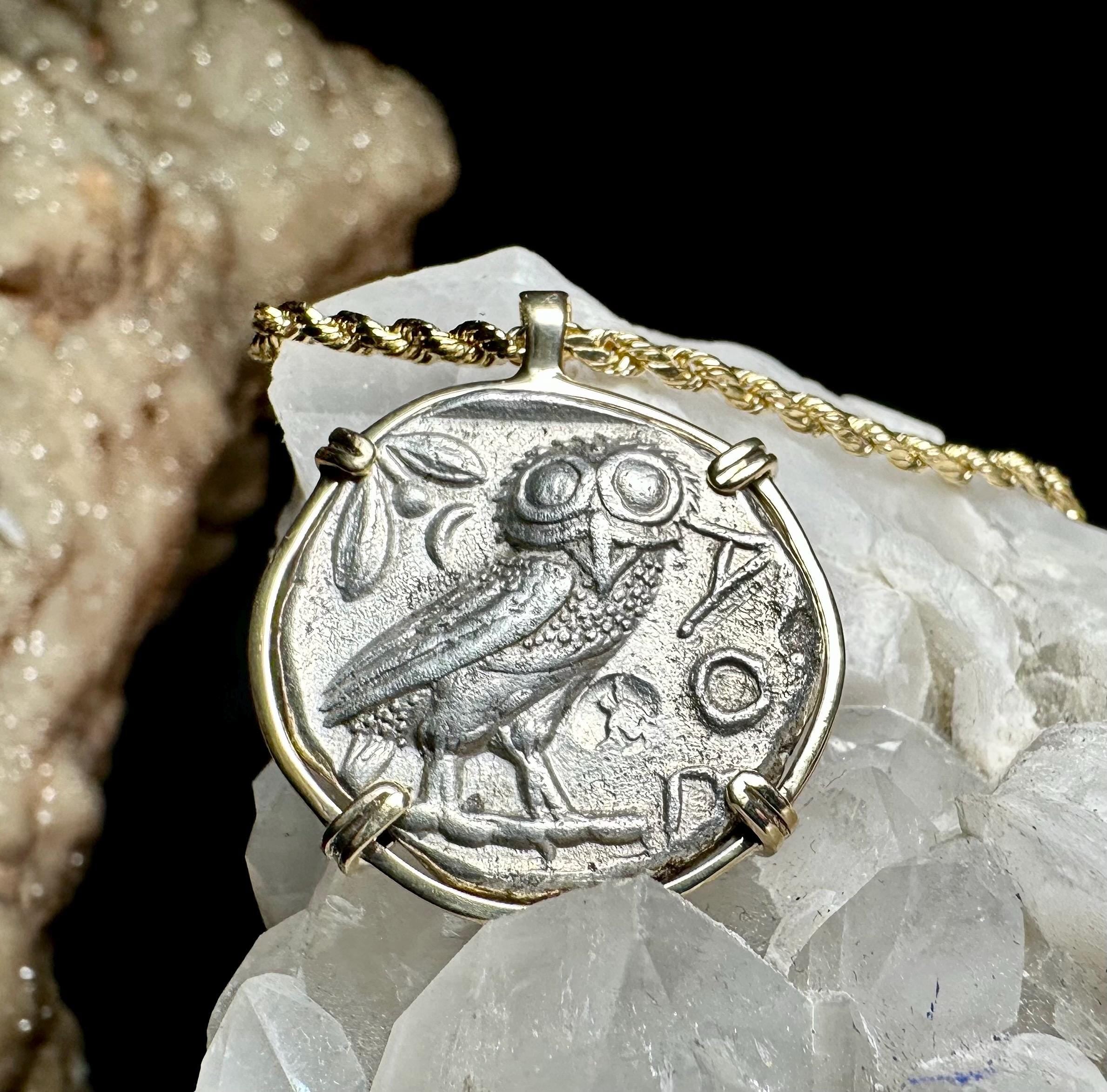 Genuine Ancient Greek Athena and Owl coin in hand made solid gold pendant
