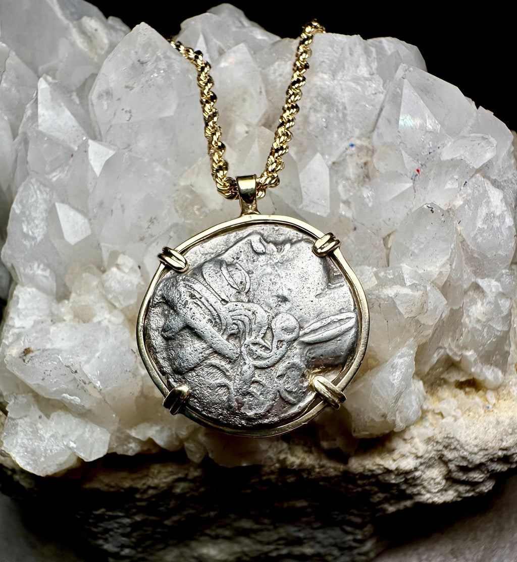 Genuine Ancient Greek Athena and Owl coin in hand made solid gold pendant